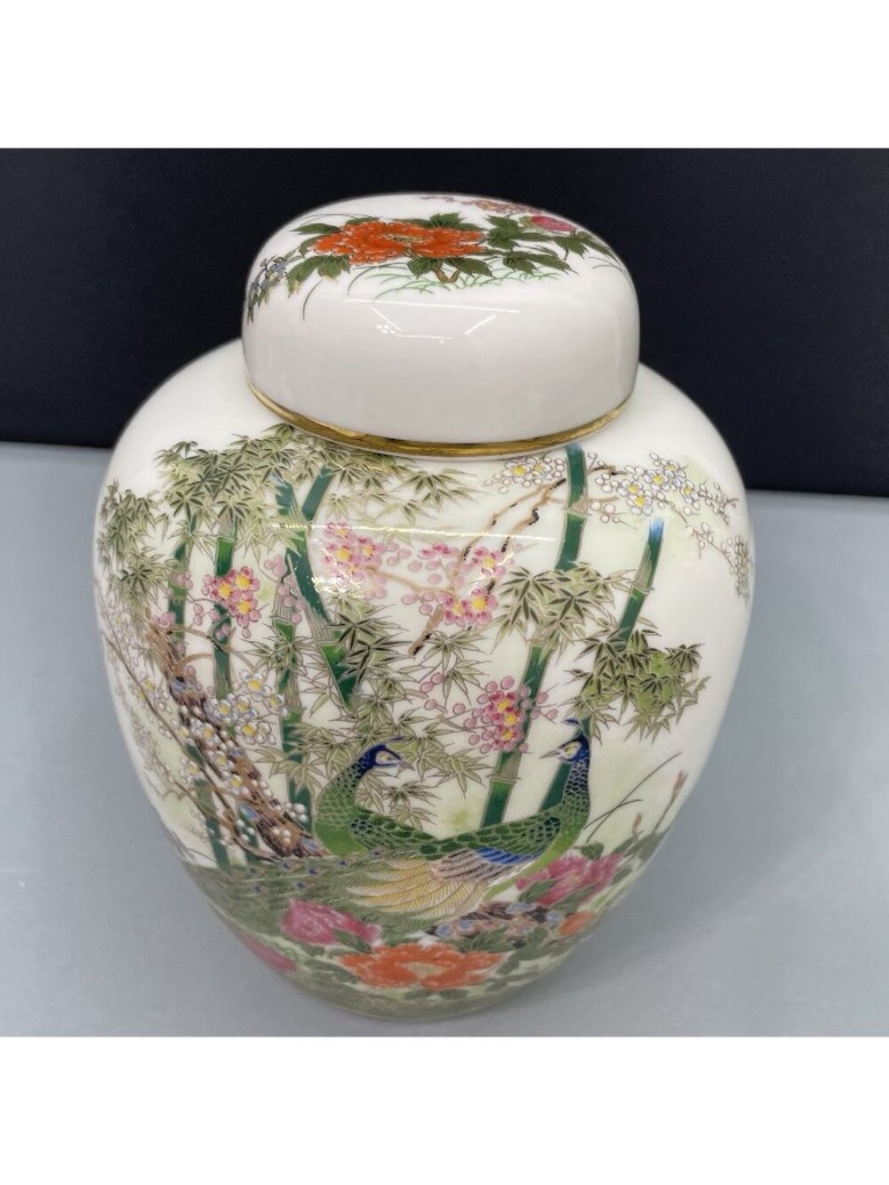 Vintage 70s Japan Yamaji Ginger Jar Peacocks Floral Porcelain Hand Painted